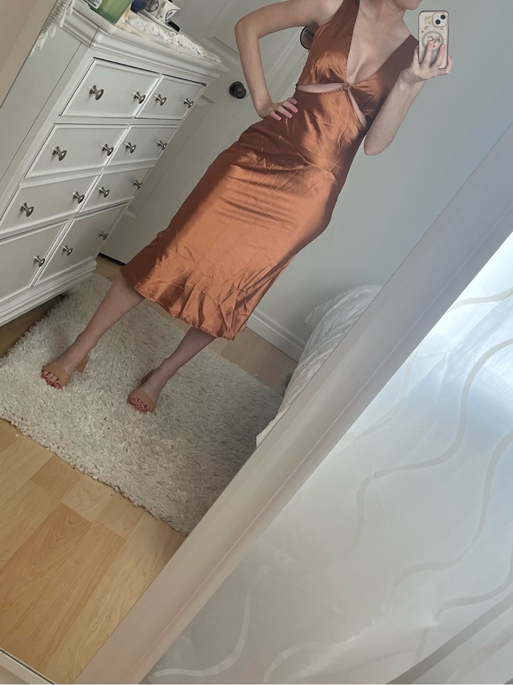 Hello Molly Copper Satin Cutout Midi Dress
